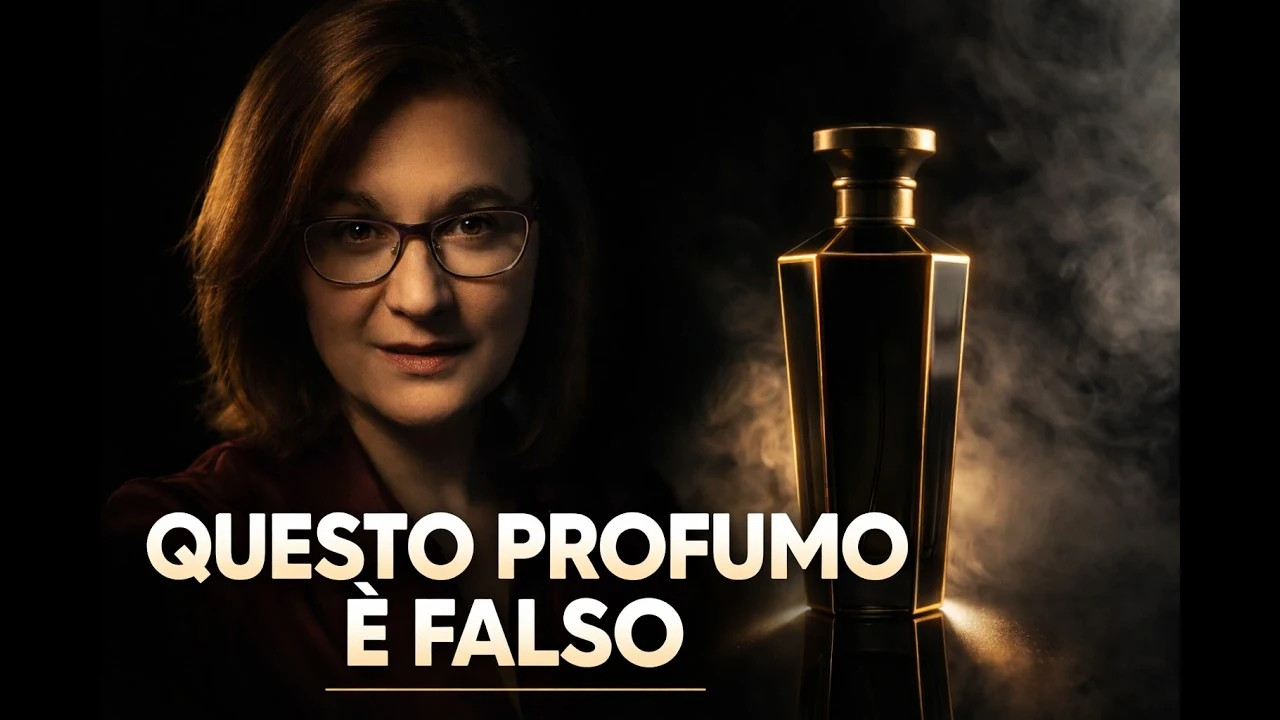 Copertina dello spot AI di Sara Elisa Frison, con un flacone di profumo nero e oro